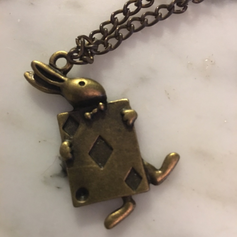 Alice in wonderland bunny poker card necklace